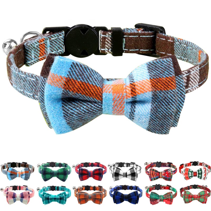 Joytale Upgraded Cat Collar with Bells, Breakaway Cat Collars with Bow Tie, 1 Pack Girl Boy Safety Plaid Kitten Collars, Haze Blue - Image 1